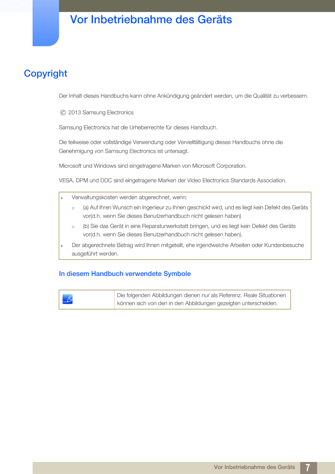 Samsung LS22C570HS/EN, LS27C570HS/EN manual Vor Inbetriebnahme des Geräts, Copyright, Diesem Handbuch verwendete Symbole 