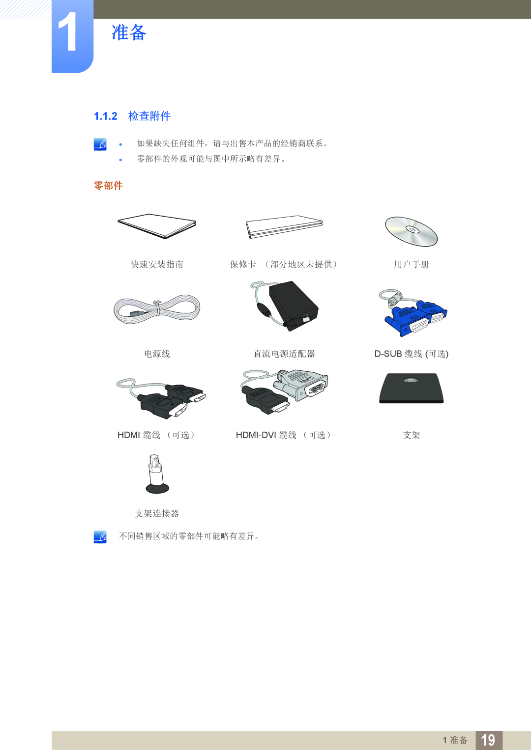 Samsung LS24C750PS/EN, LS27C570HS/EN, LS22C570HS/EN, LS27C750PS/EN, LS24C570HL/EN, LS23C570HS/EN manual 2 检查附件, 零部件 