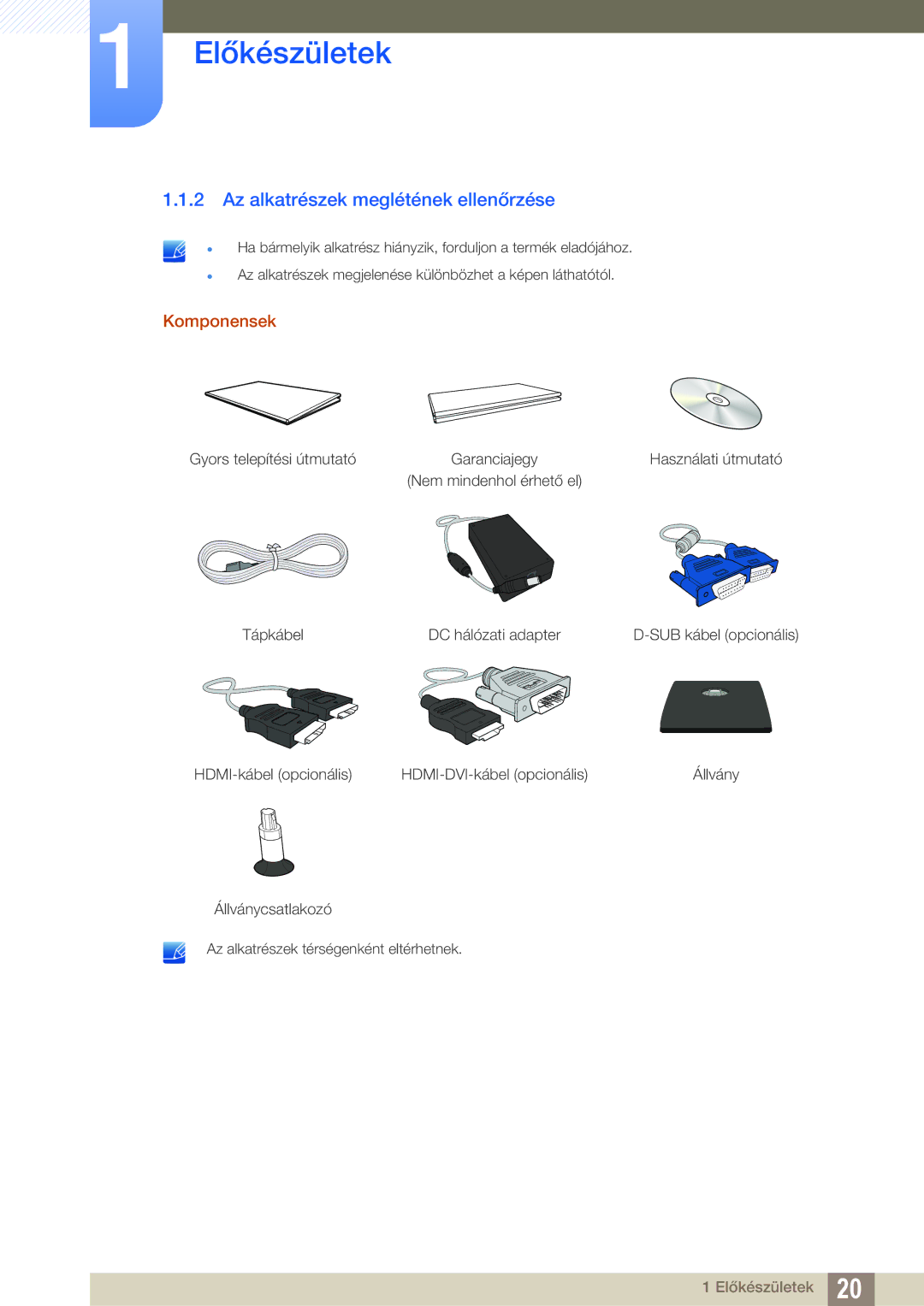 Samsung LS22C570HS/EN, LS27C570HS/EN, LS24C750PS/EN, LS27C750PS/EN manual Az alkatrészek meglétének ellenőrzése, Komponensek 