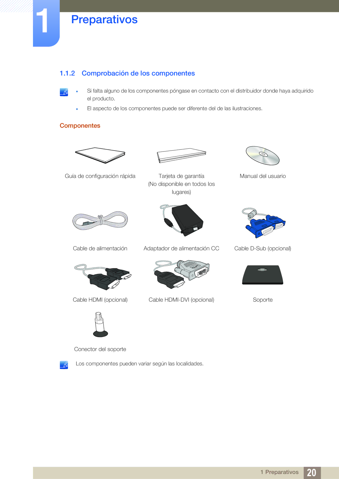 Samsung LS27C570HS/EN, LS24C750PS/EN, LS27C750PS/EN, LS24C570HL/EN manual Comprobación de los componentes, Componentes 