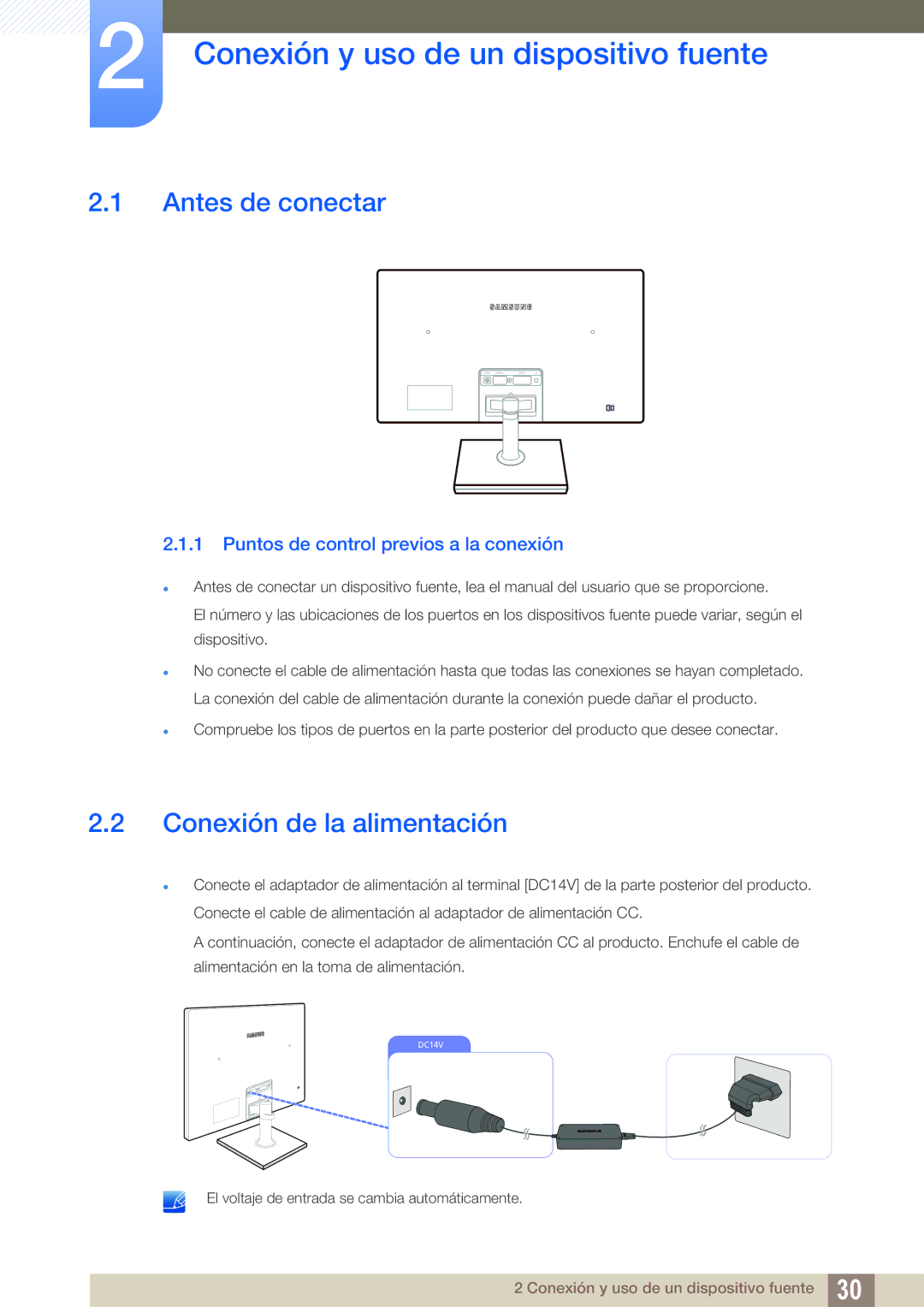 Samsung LS27C570HS/EN manual Conexión y uso de un dispositivo fuente, Antes de conectar, Conexión de la alimentación 