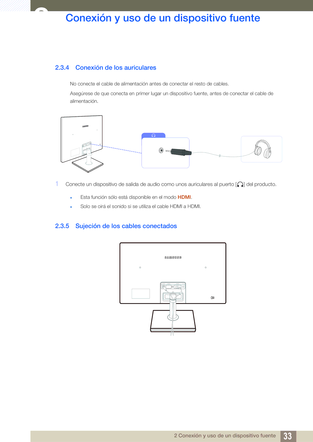 Samsung LS24C570HL/EN, LS27C570HS/EN, LS24C750PS/EN manual Conexión de los auriculares, Sujeción de los cables conectados 