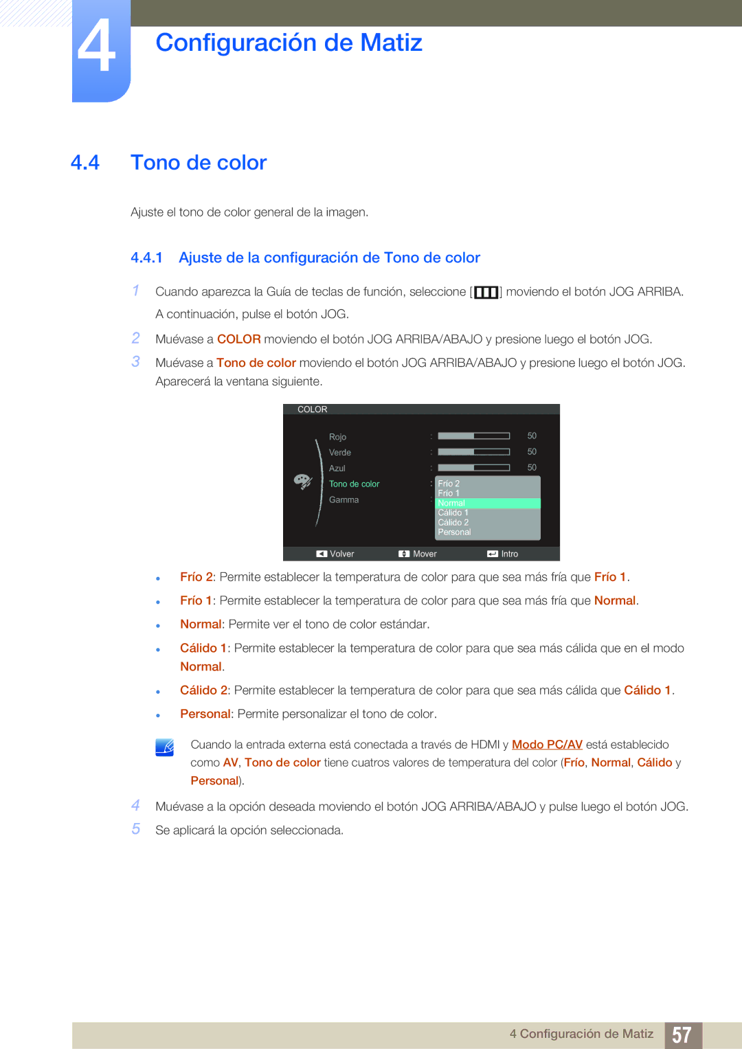 Samsung LS27C750PS/EN, LS27C570HS/EN, LS24C750PS/EN, LS24C570HL/EN manual Ajuste de la configuración de Tono de color 