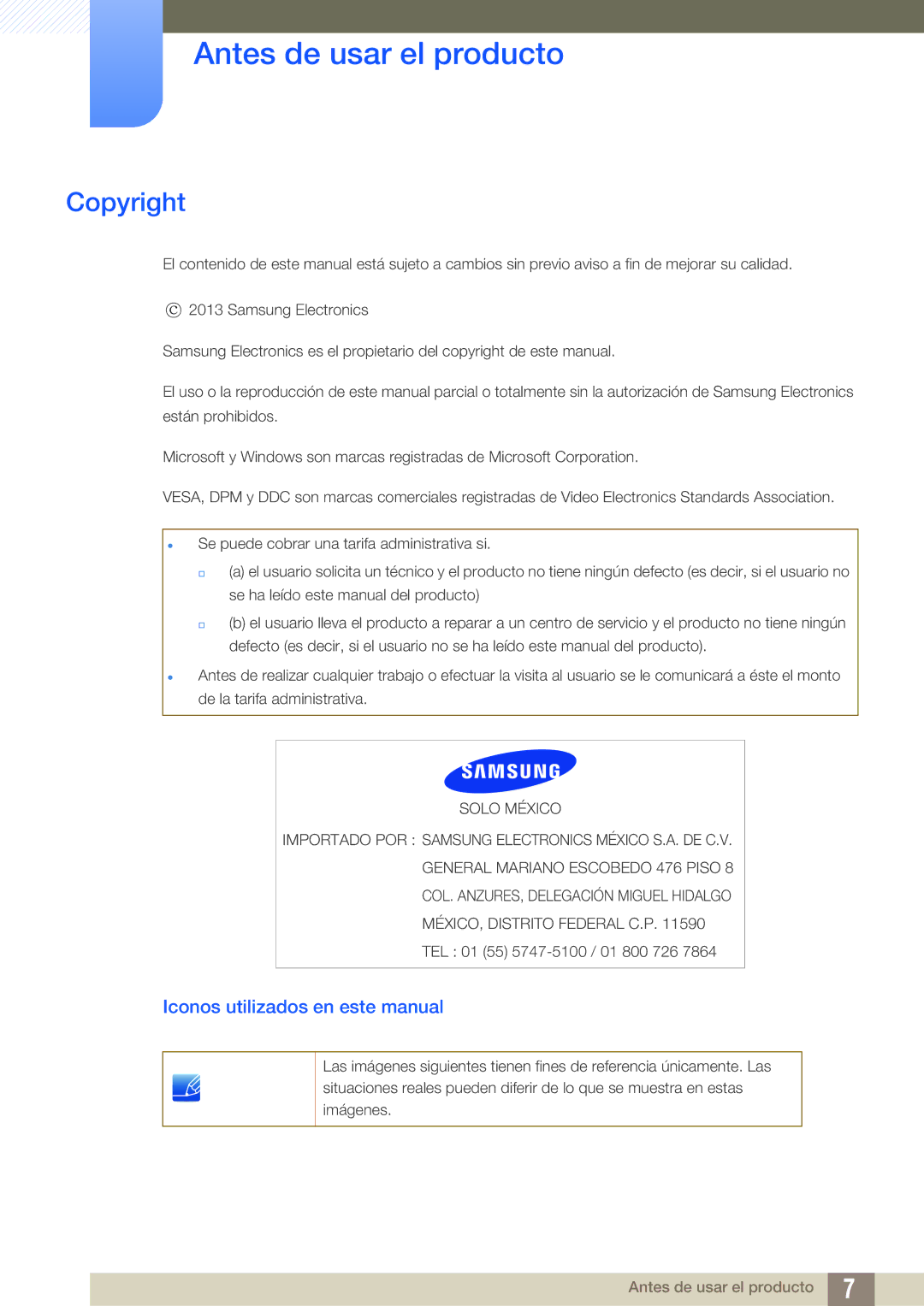 Samsung LS27C750PS/EN, LS27C570HS/EN, LS24C750PS/EN Antes de usar el producto, Copyright, Iconos utilizados en este manual 