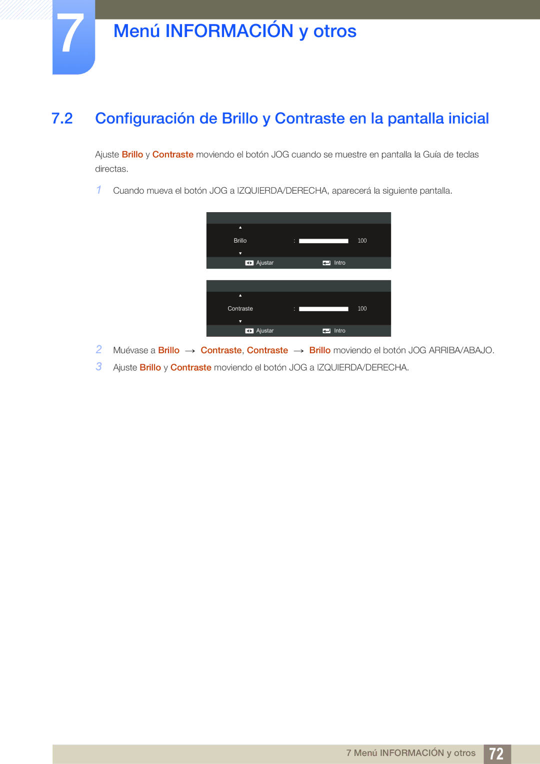 Samsung LS27C750PS/EN, LS27C570HS/EN, LS24C750PS/EN manual Configuración de Brillo y Contraste en la pantalla inicial 