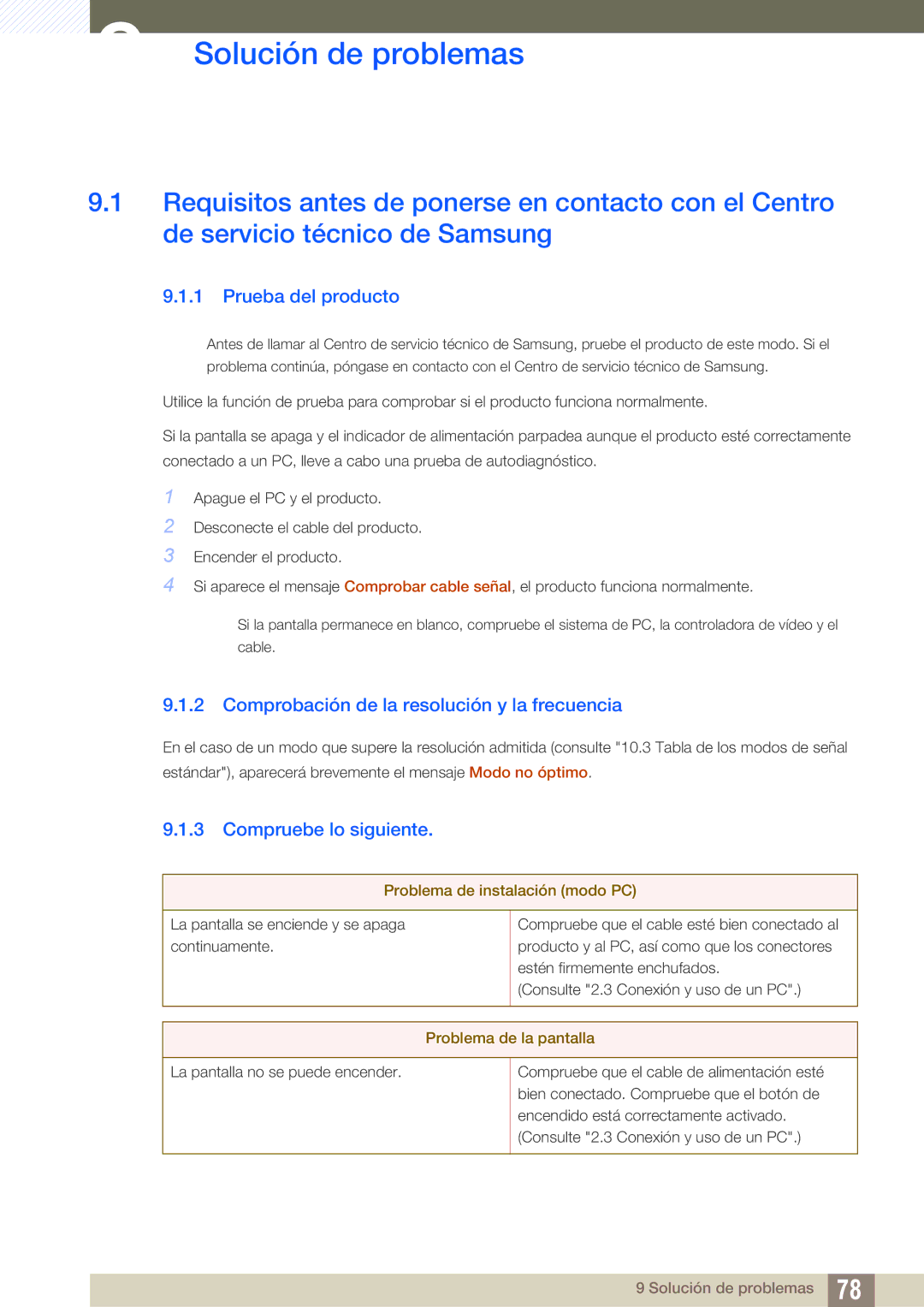 Samsung LS24C570HL/EN manual Solución de problemas, Prueba del producto, Comprobación de la resolución y la frecuencia 