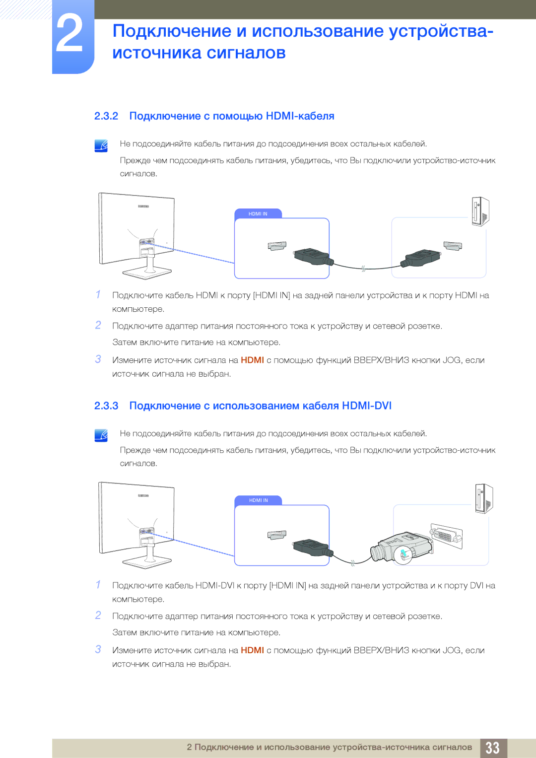 Samsung LS27C590HSX/CI, LS27C590HS/EN 2 Подключение с помощью HDMI-кабеля, 3 Подключение с использованием кабеля HDMI-DVI 