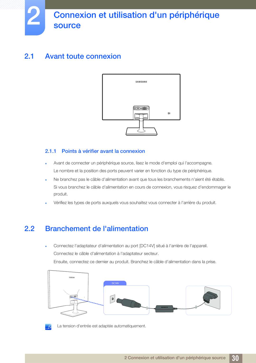 Samsung LS27C590HS/EN Connexionsource et utilisation dun périphérique, Avant toute connexion, Branchement de lalimentation 