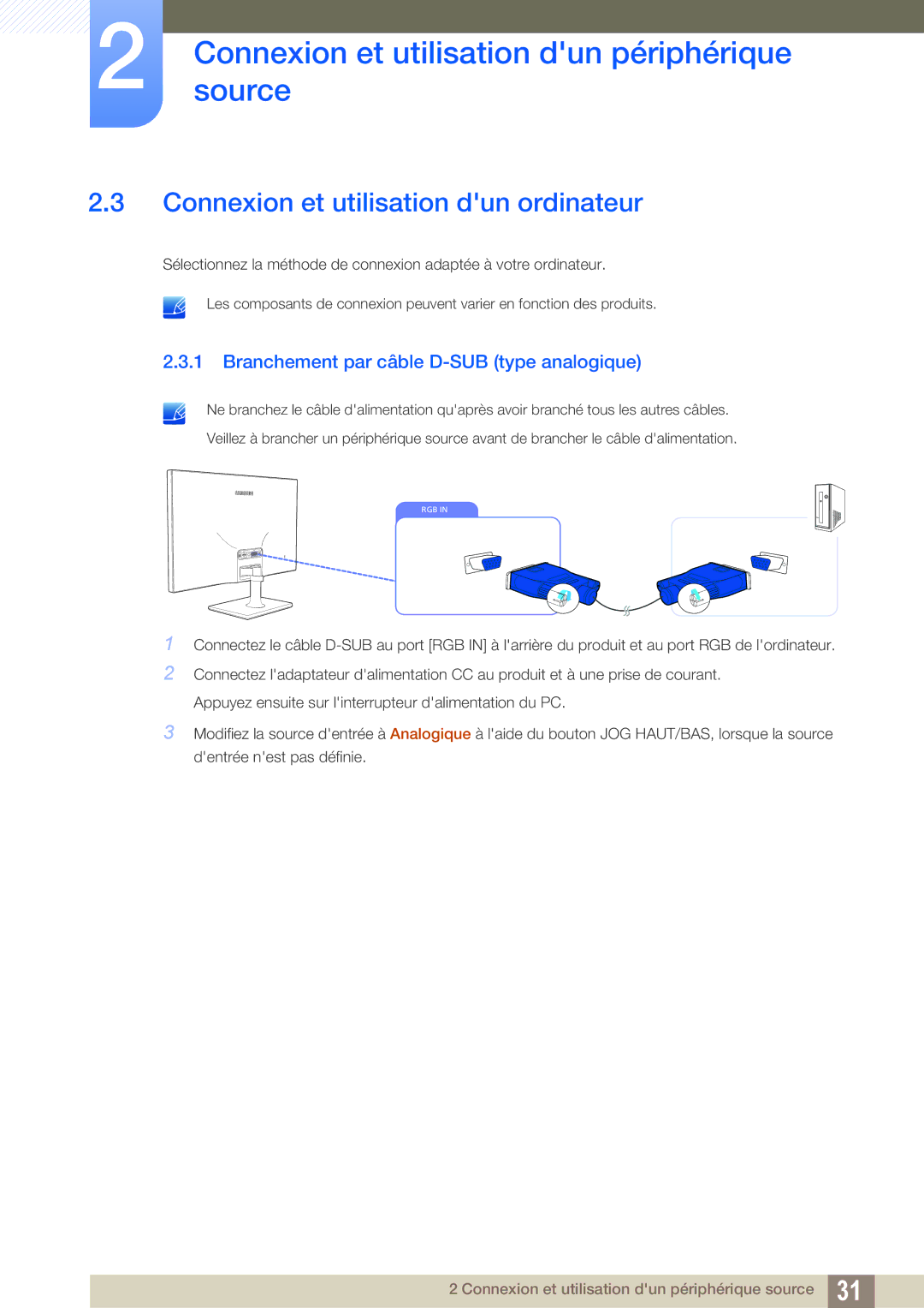 Samsung LS27C590HS/EN manual Connexion et utilisation dun ordinateur, Branchement par câble D-SUB type analogique 