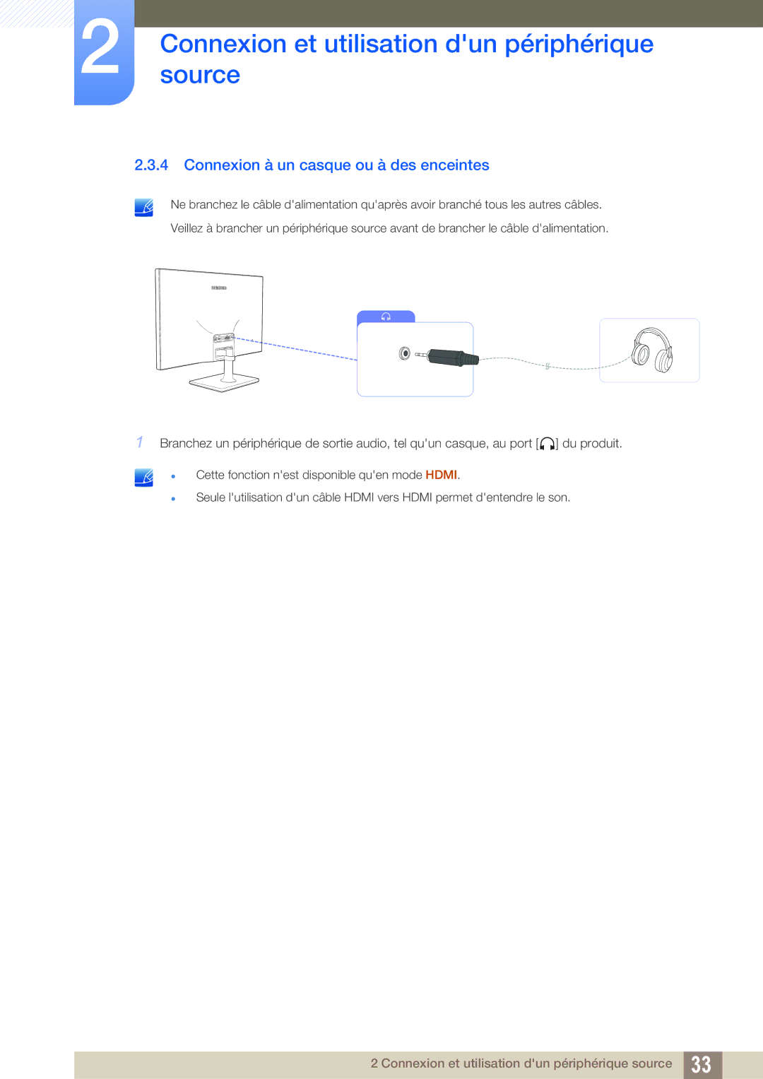 Samsung LS27C590HS/EN manual Connexion à un casque ou à des enceintes 