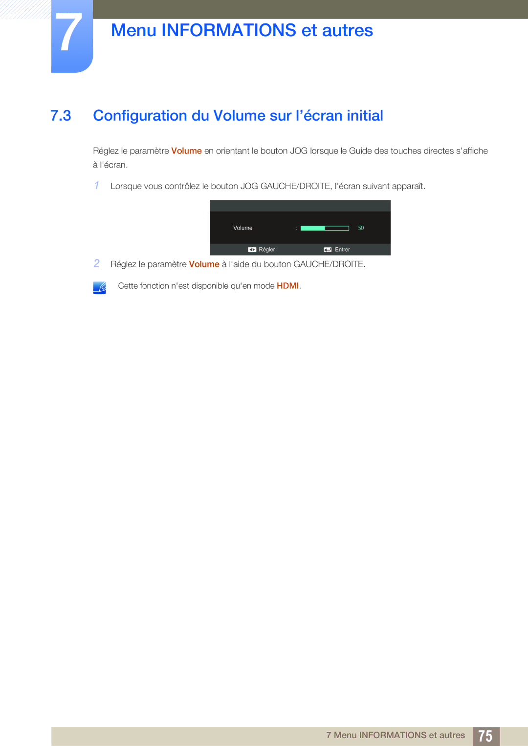 Samsung LS27C590HS/EN manual Configuration du Volume sur l’écran initial 