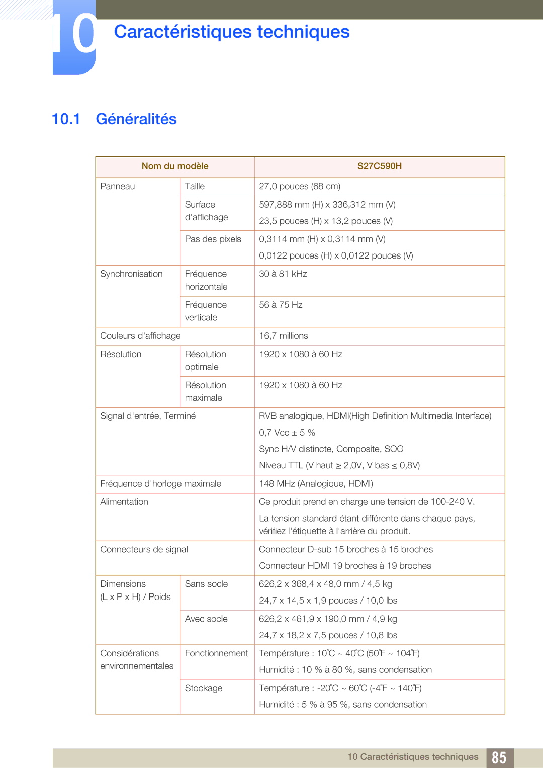 Samsung LS27C590HS/EN manual Caractéristiques techniques, 10.1 Généralités 