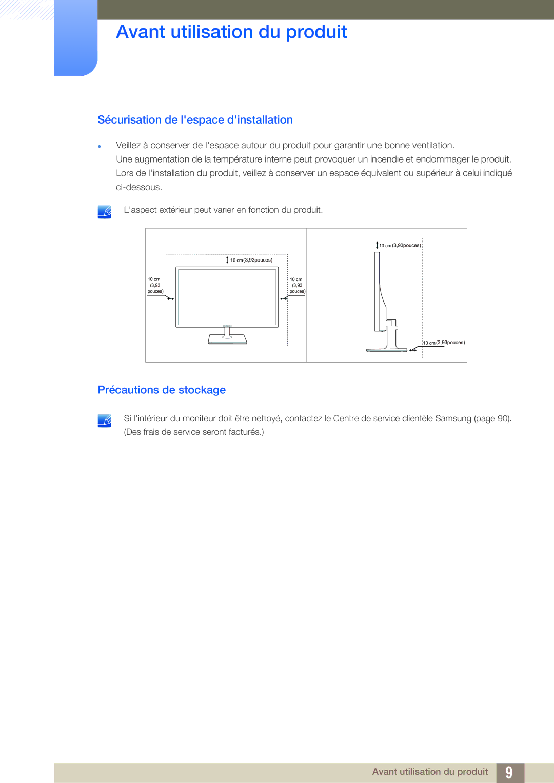 Samsung LS27C590HS/EN manual Sécurisation de lespace dinstallation, Précautions de stockage 