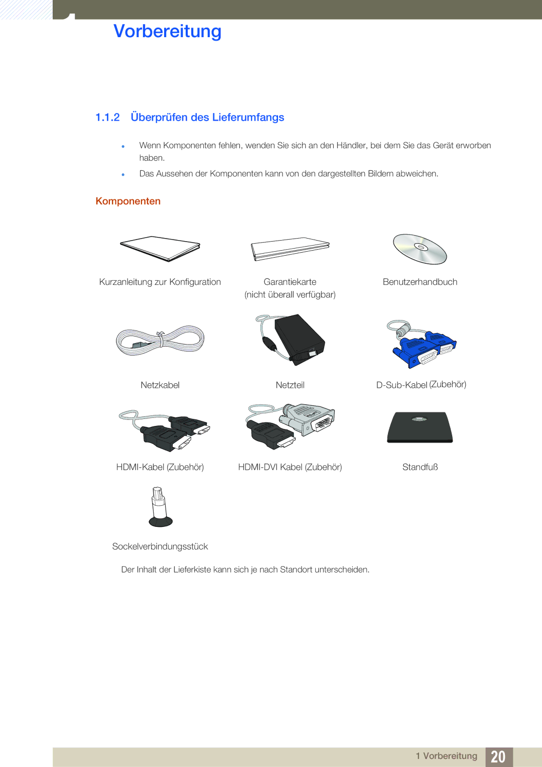 Samsung LS27C590HS/EN manual 2 Überprüfen des Lieferumfangs, Komponenten 