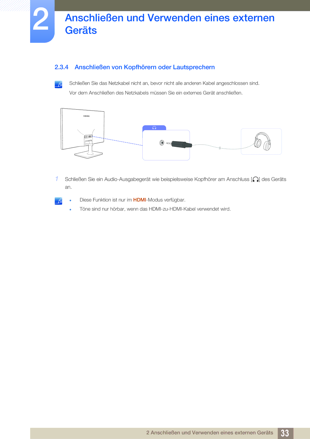 Samsung LS27C590HS/EN manual Anschließen von Kopfhörern oder Lautsprechern 