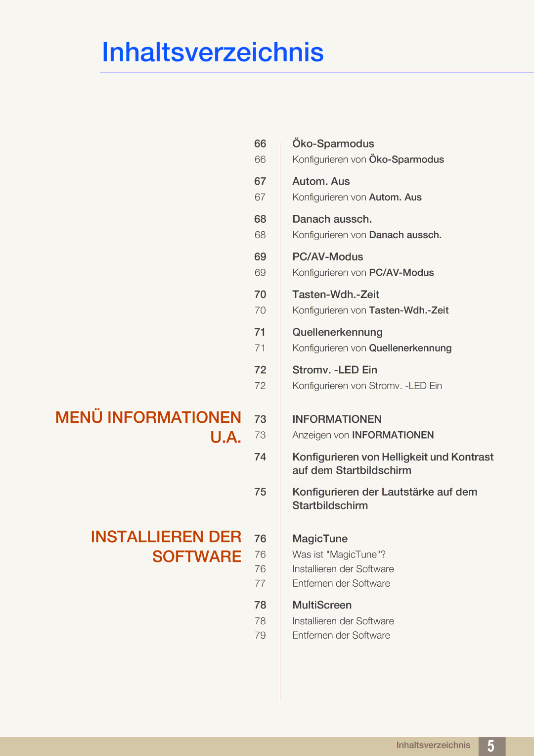 Samsung LS27C590HS/EN manual Menü Informationen 73 U.A Installieren DER 76 Software 