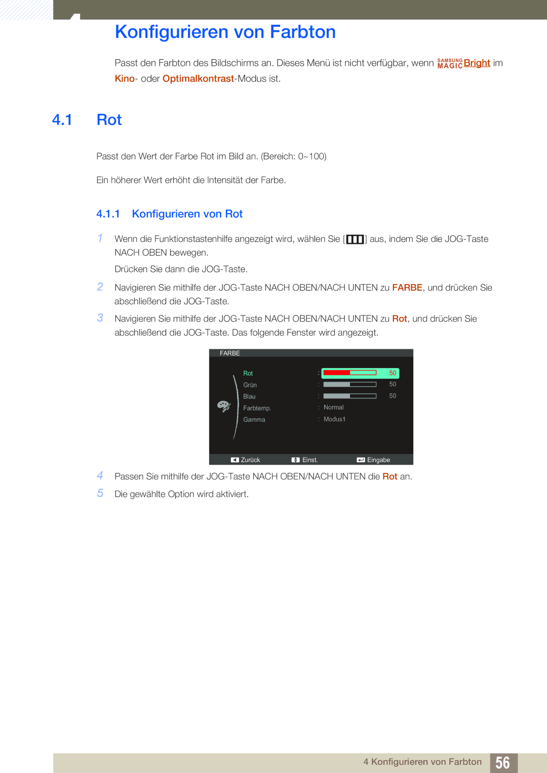 Samsung LS27C590HS/EN manual Konfigurieren von Farbton, Konfigurieren von Rot 