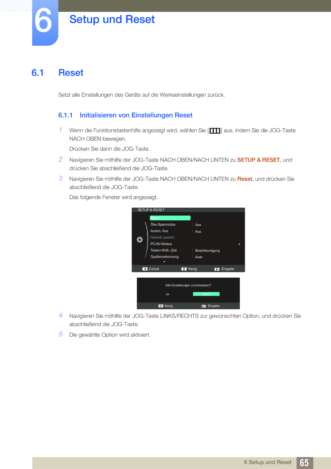 Samsung LS27C590HS/EN manual Setup und Reset, Initialisieren von Einstellungen Reset 