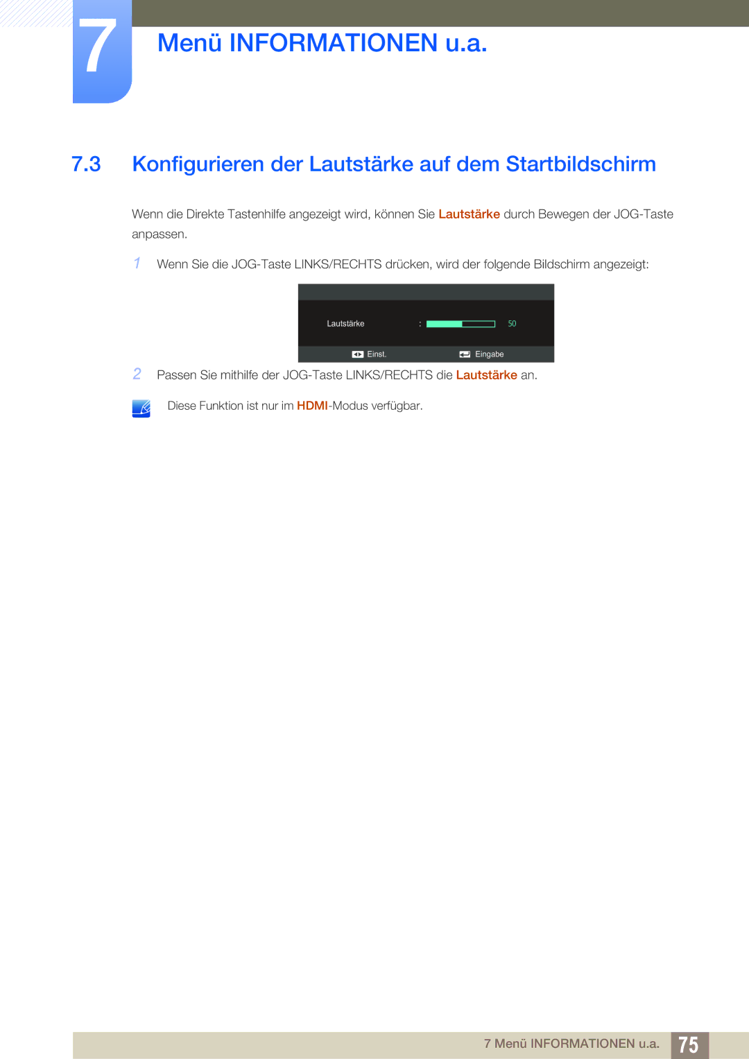 Samsung LS27C590HS/EN manual Konfigurieren der Lautstärke auf dem Startbildschirm 