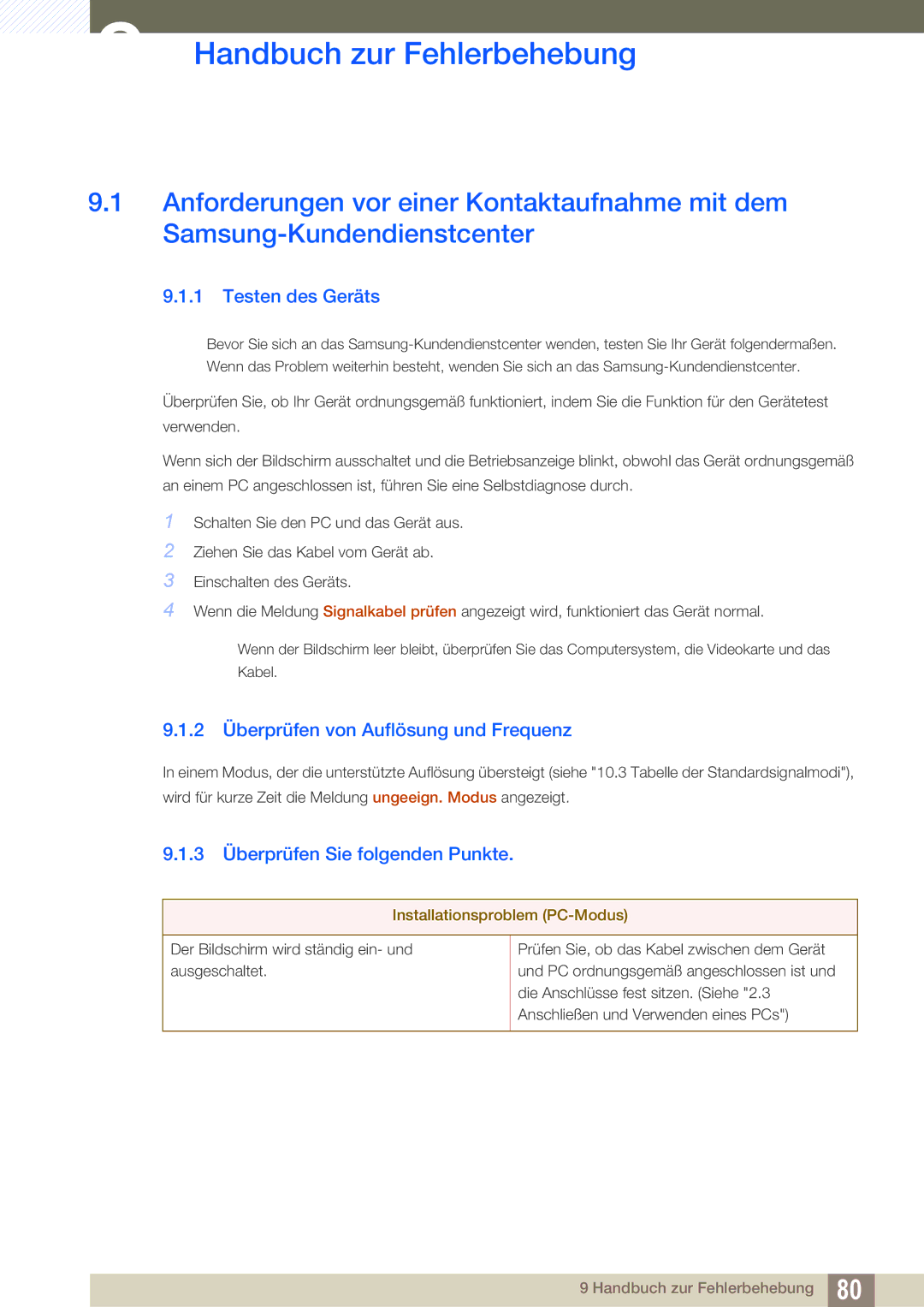 Samsung LS27C590HS/EN manual Handbuch zur Fehlerbehebung, Testen des Geräts, 2 Überprüfen von Auflösung und Frequenz 