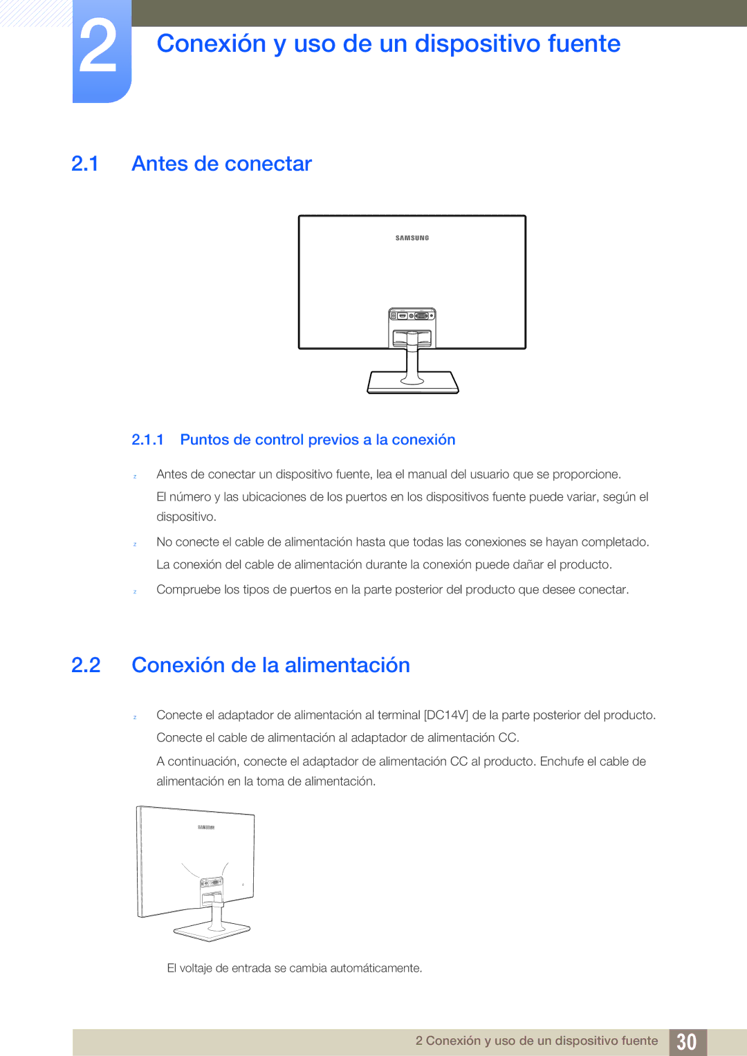 Samsung LS27C590HS/EN manual Conexión y uso de un dispositivo fuente, Antes de conectar, Conexión de la alimentación 