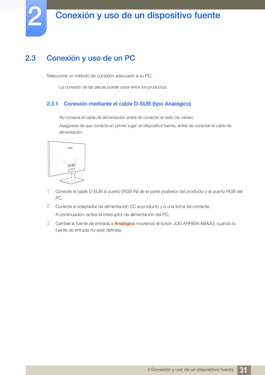 Samsung LS27C590HS/EN manual Conexión y uso de un PC, Conexión mediante el cable D-SUB tipo Analógico 