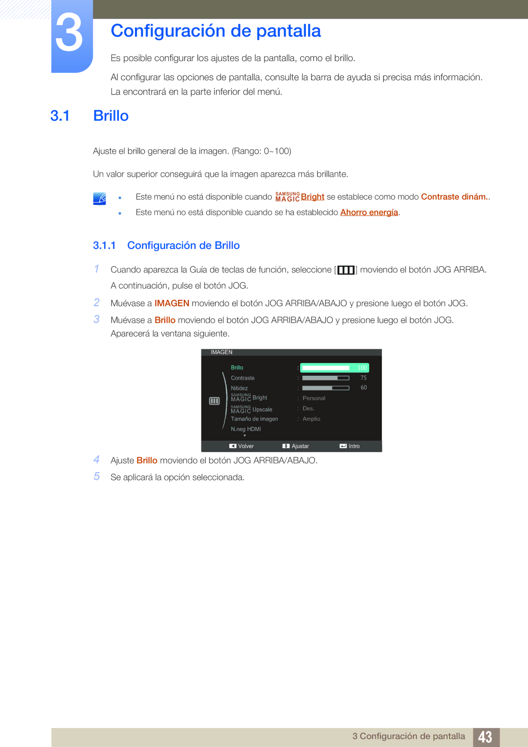 Samsung LS27C590HS/EN manual Configuración de pantalla, Configuración de Brillo 