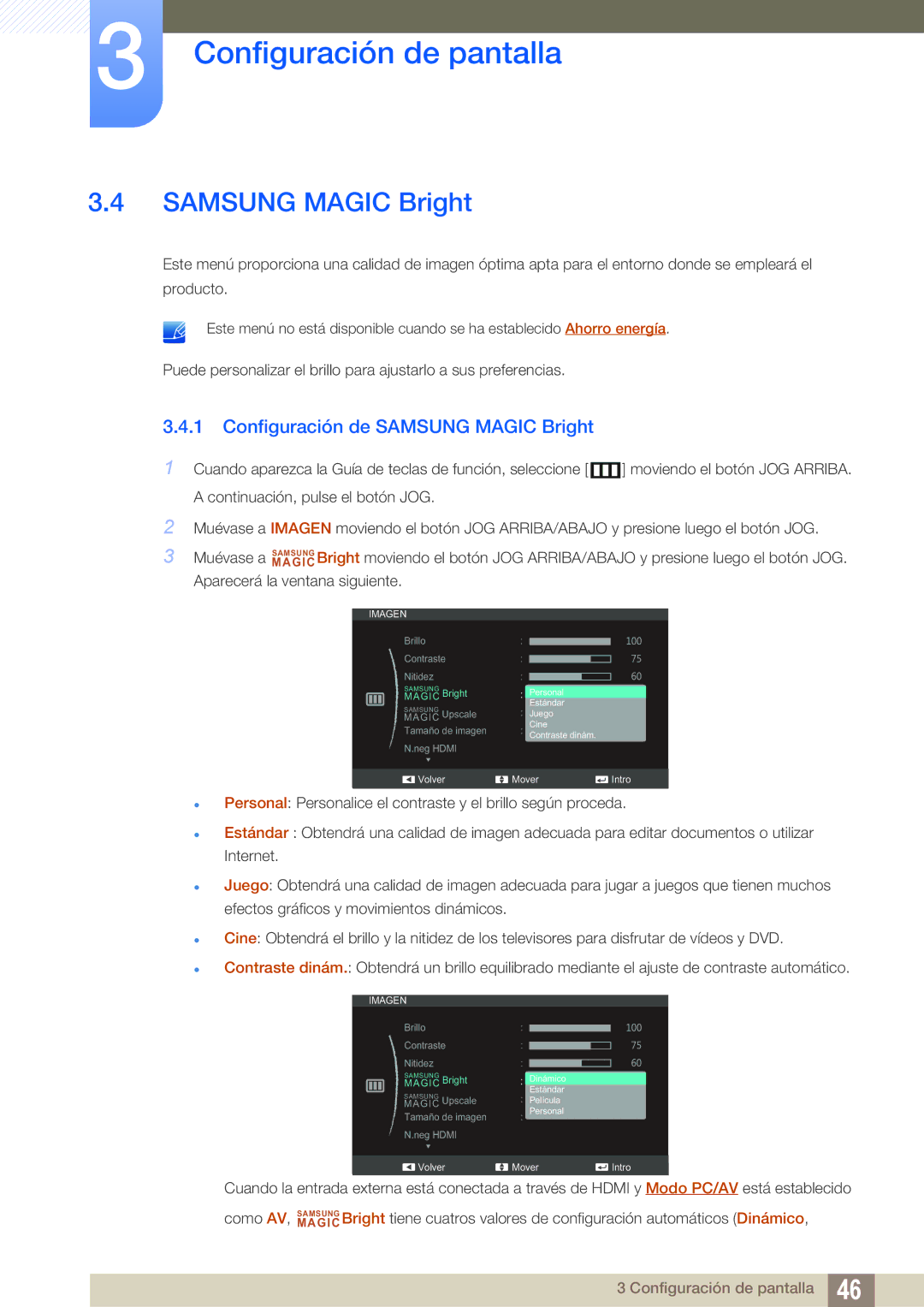 Samsung LS27C590HS/EN manual Configuración de Samsung Magic Bright 