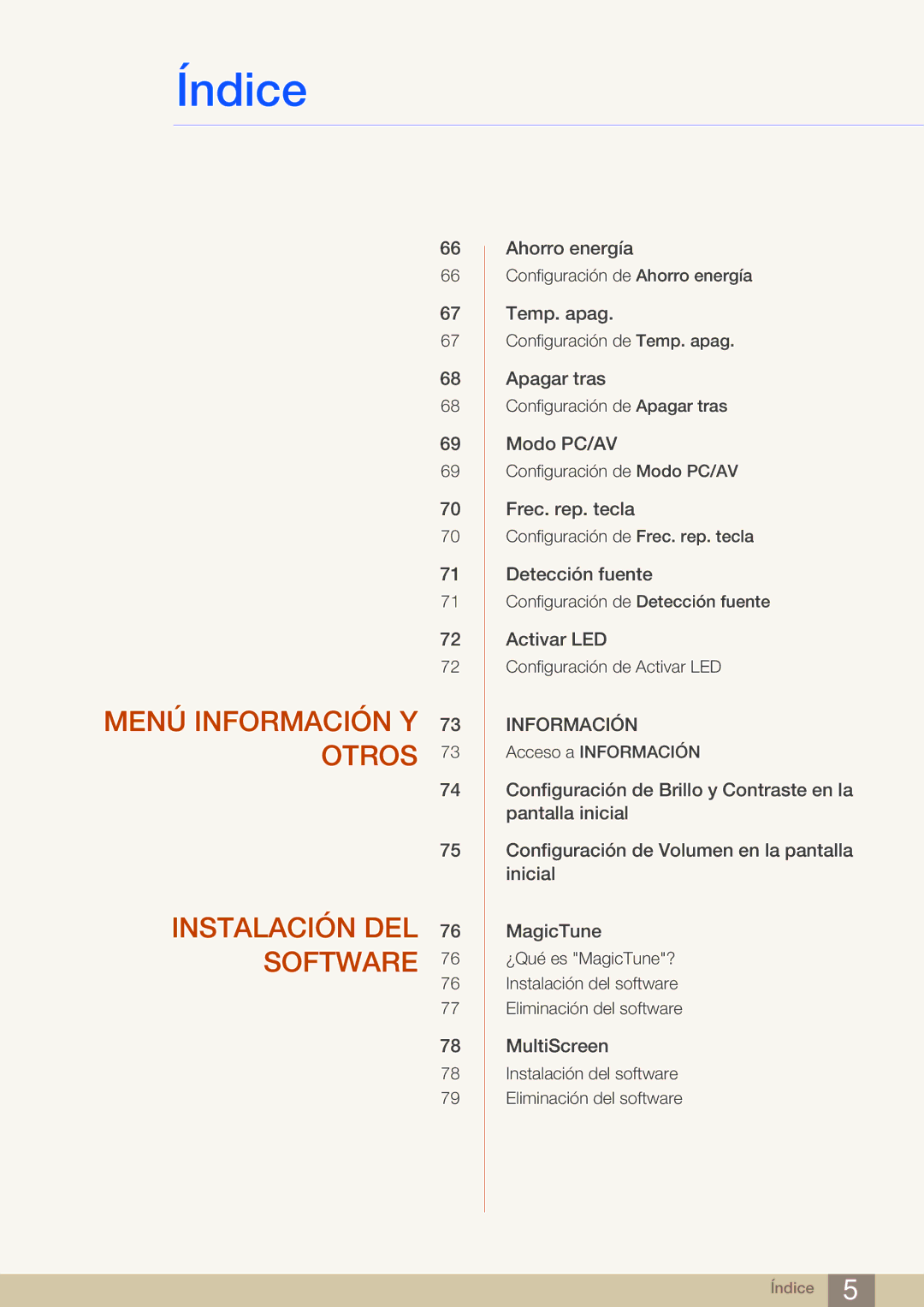 Samsung LS27C590HS/EN manual Menú Información Y 73 Otros Instalación DEL 76 Software 