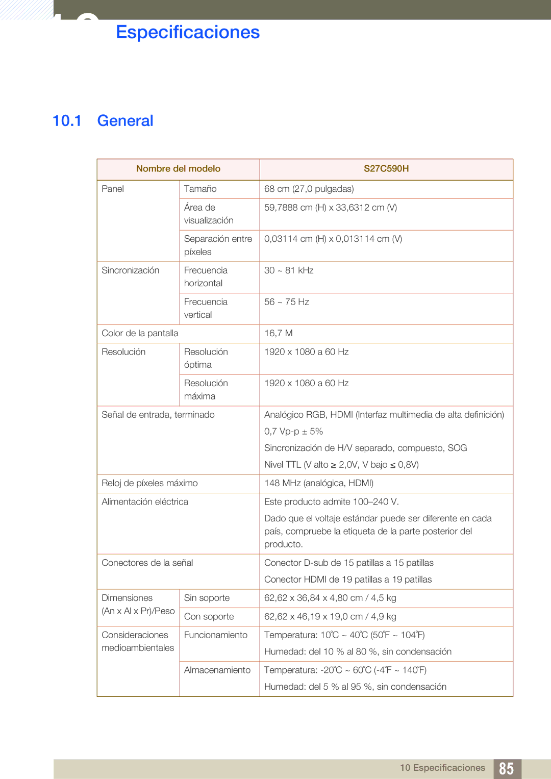 Samsung LS27C590HS/EN manual Especificaciones, General 