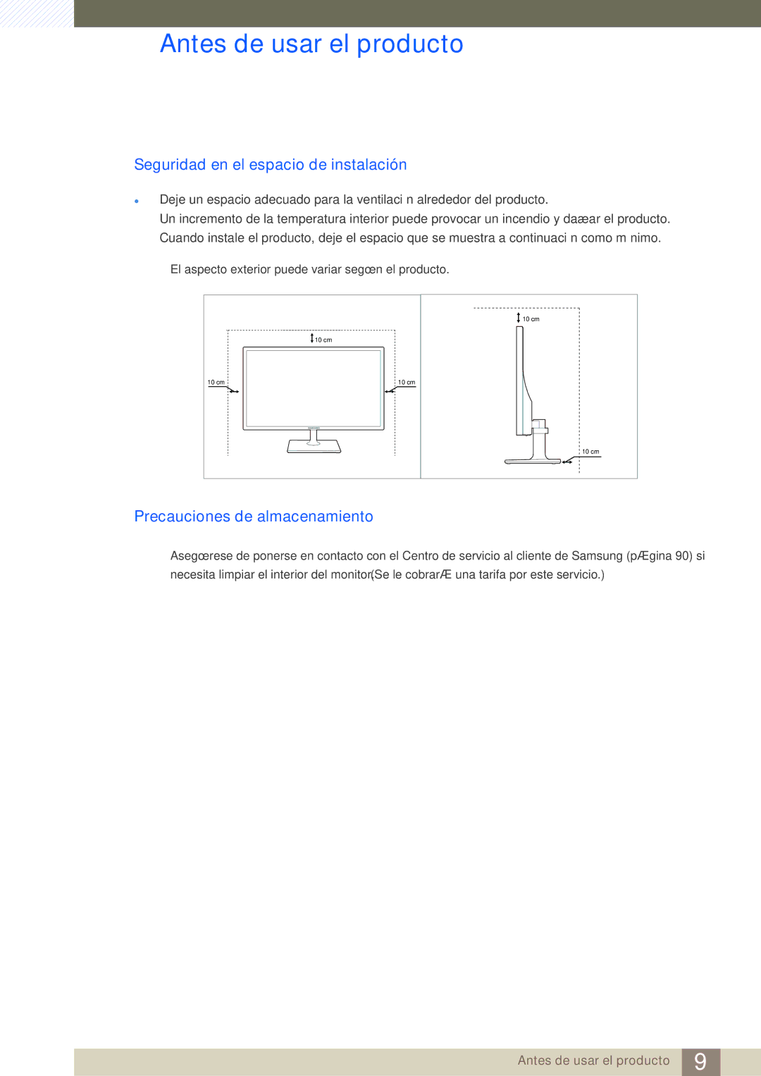 Samsung LS27C590HS/EN manual Seguridad en el espacio de instalación, Precauciones de almacenamiento 