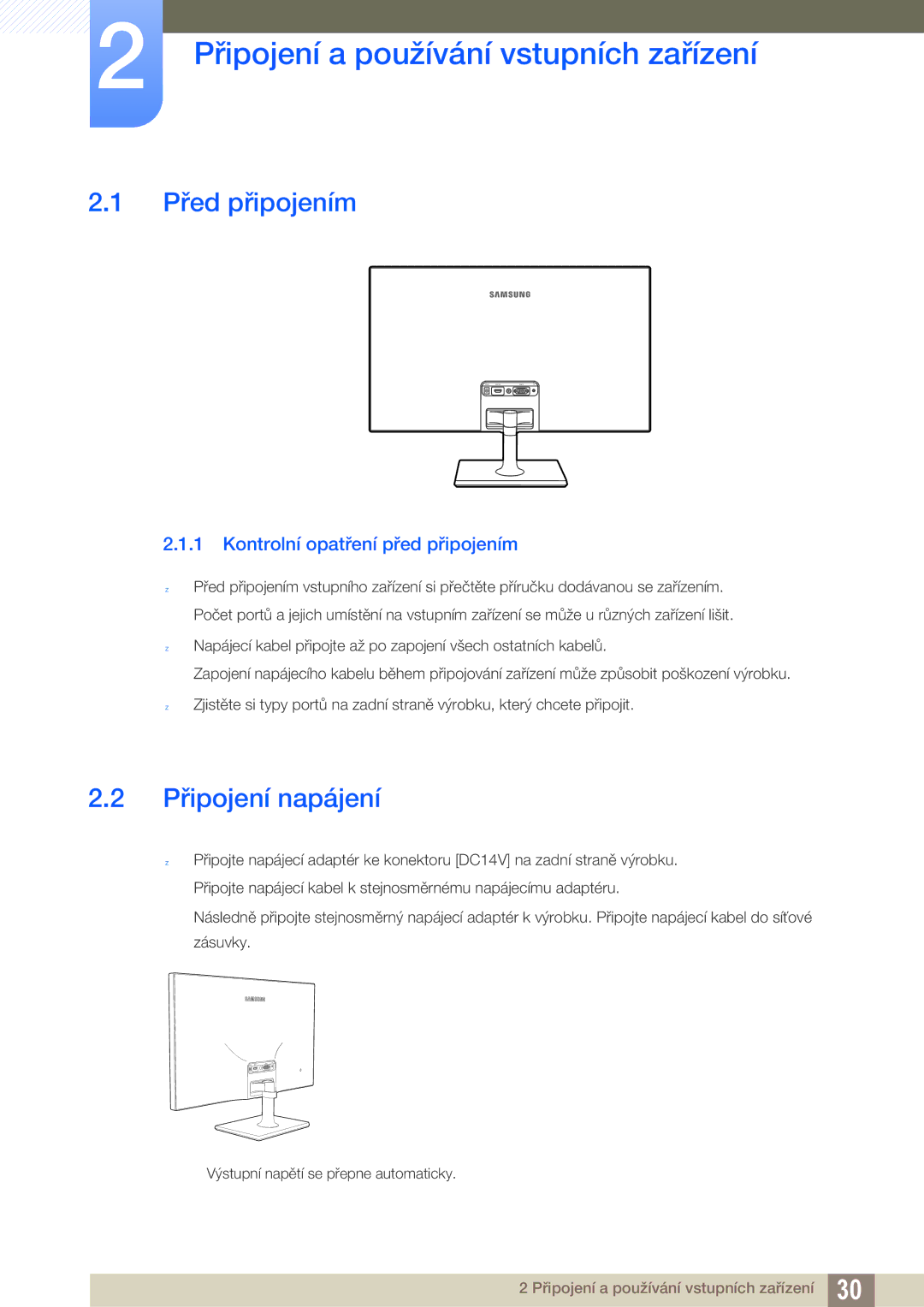 Samsung LS27C590HS/EN manual Připojení a používání vstupních zařízení, Před připojením, Připojení napájení 