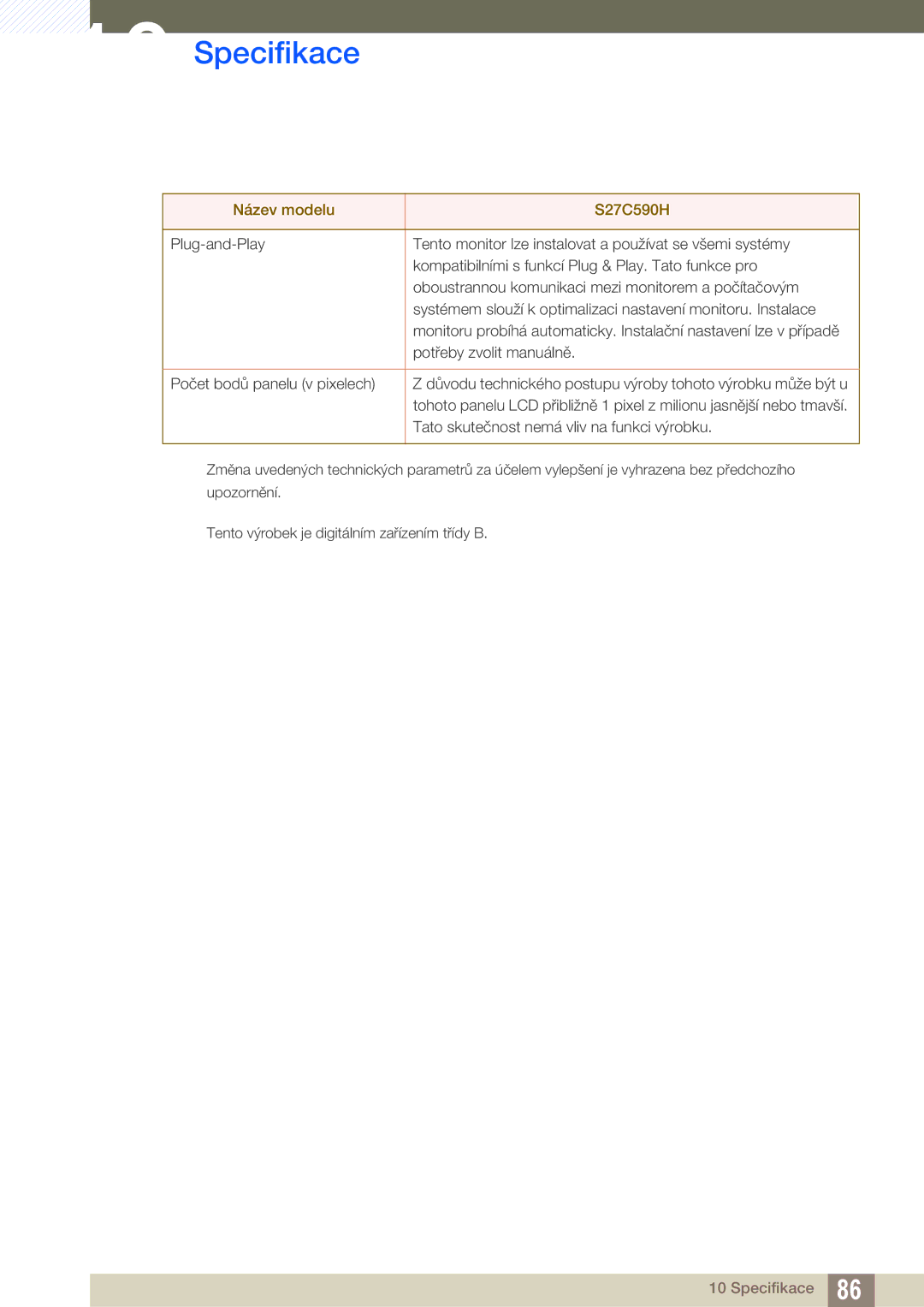 Samsung LS27C590HS/EN manual Specifikace 