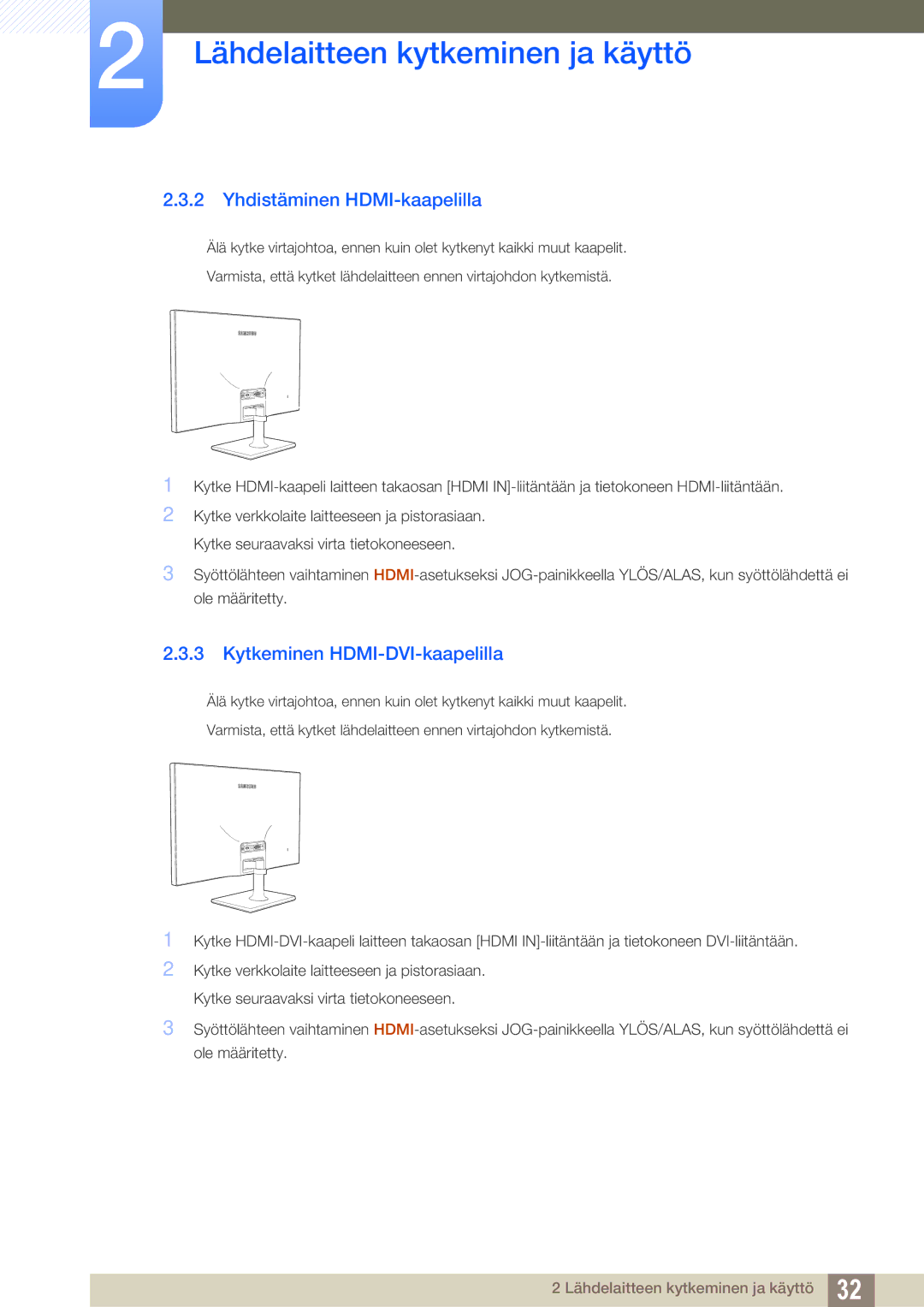 Samsung LS27C590HS/EN manual Yhdistäminen HDMI-kaapelilla, Kytkeminen HDMI-DVI-kaapelilla 