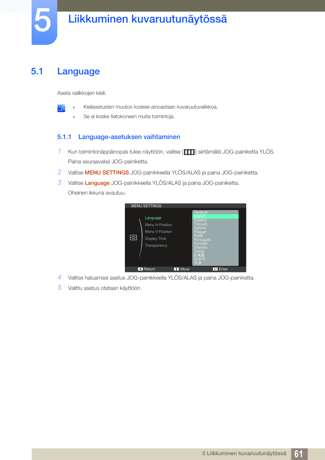 Samsung LS27C590HS/EN manual Liikkuminen kuvaruutunäytössä, Language-asetuksen vaihtaminen 