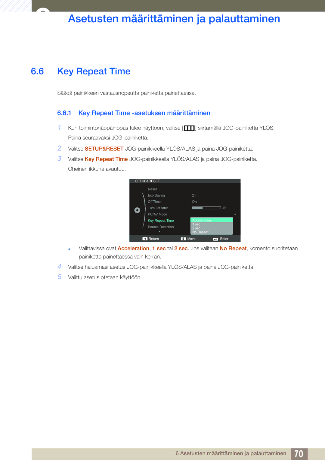 Samsung LS27C590HS/EN manual Key Repeat Time -asetuksen määrittäminen 