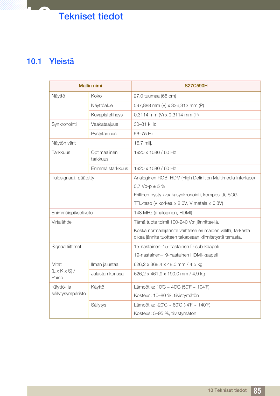 Samsung LS27C590HS/EN manual Tekniset tiedot, Yleistä 