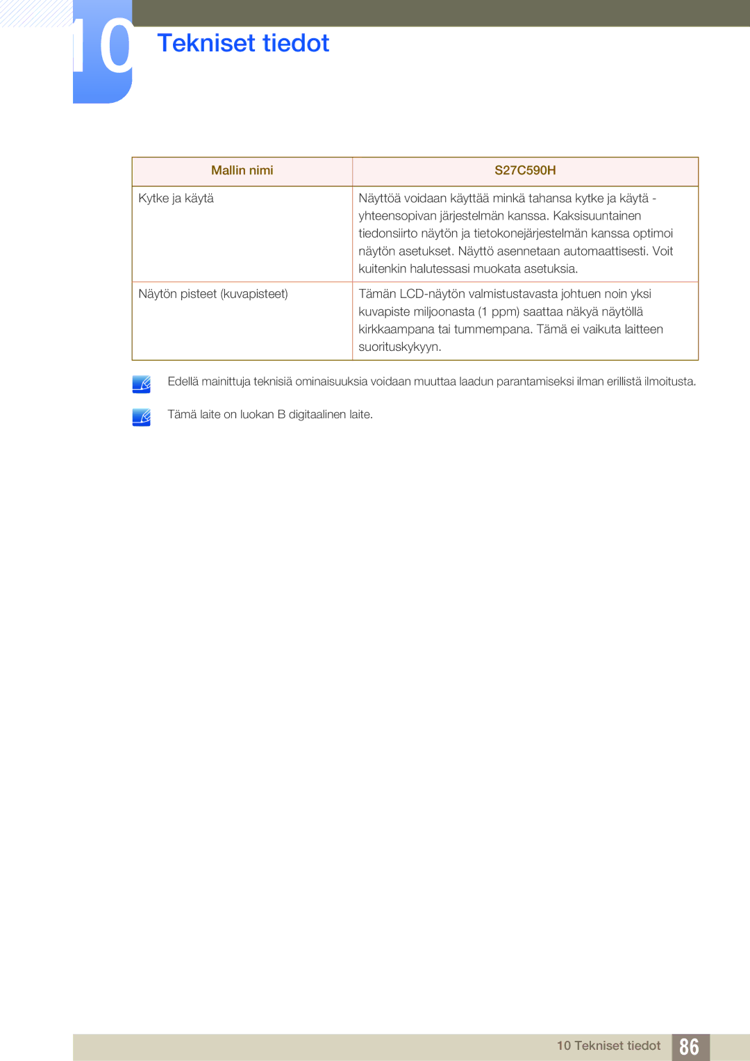 Samsung LS27C590HS/EN manual Tekniset tiedot 