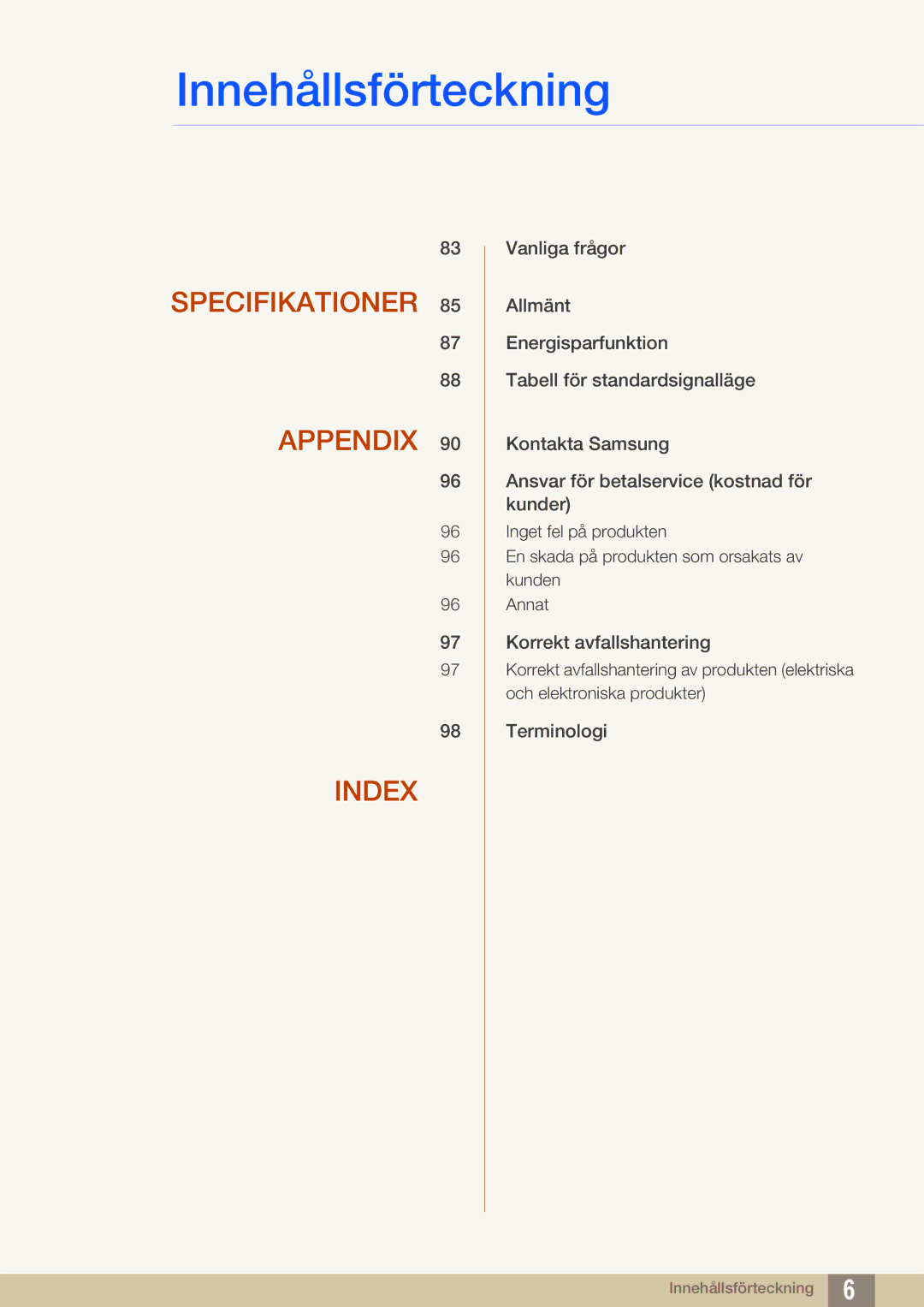 Samsung LS27C590HS/EN manual Specifikationer Appendix Index 