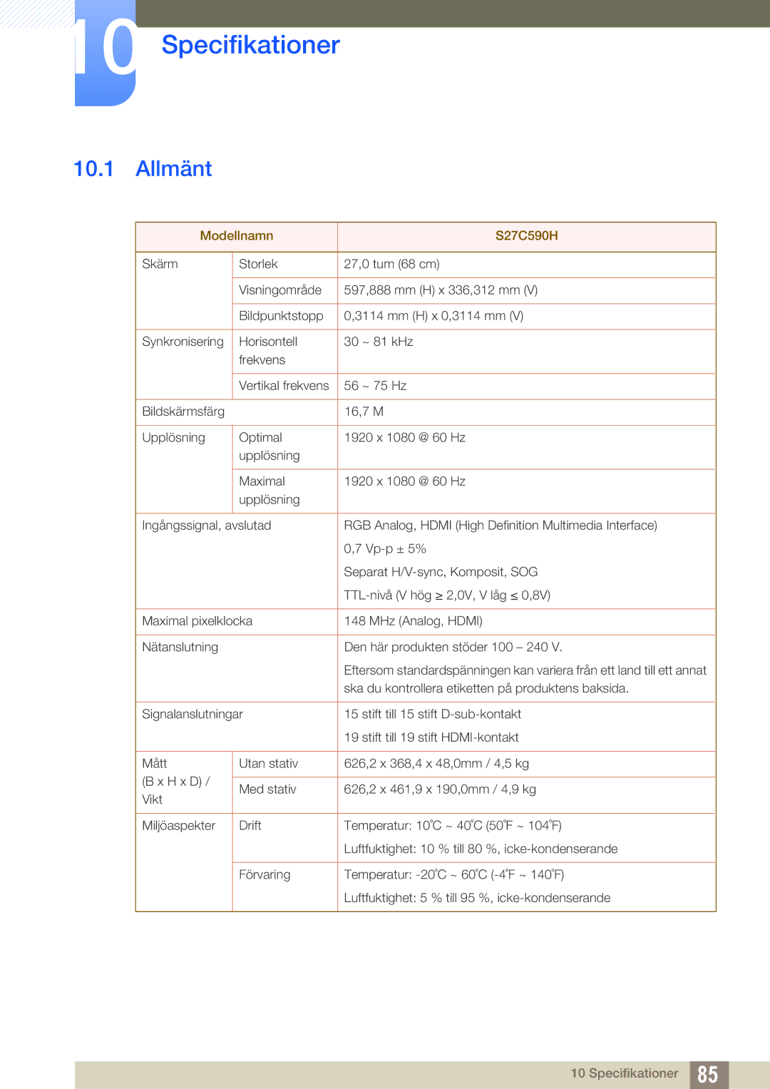 Samsung LS27C590HS/EN manual Specifikationer, Allmänt 