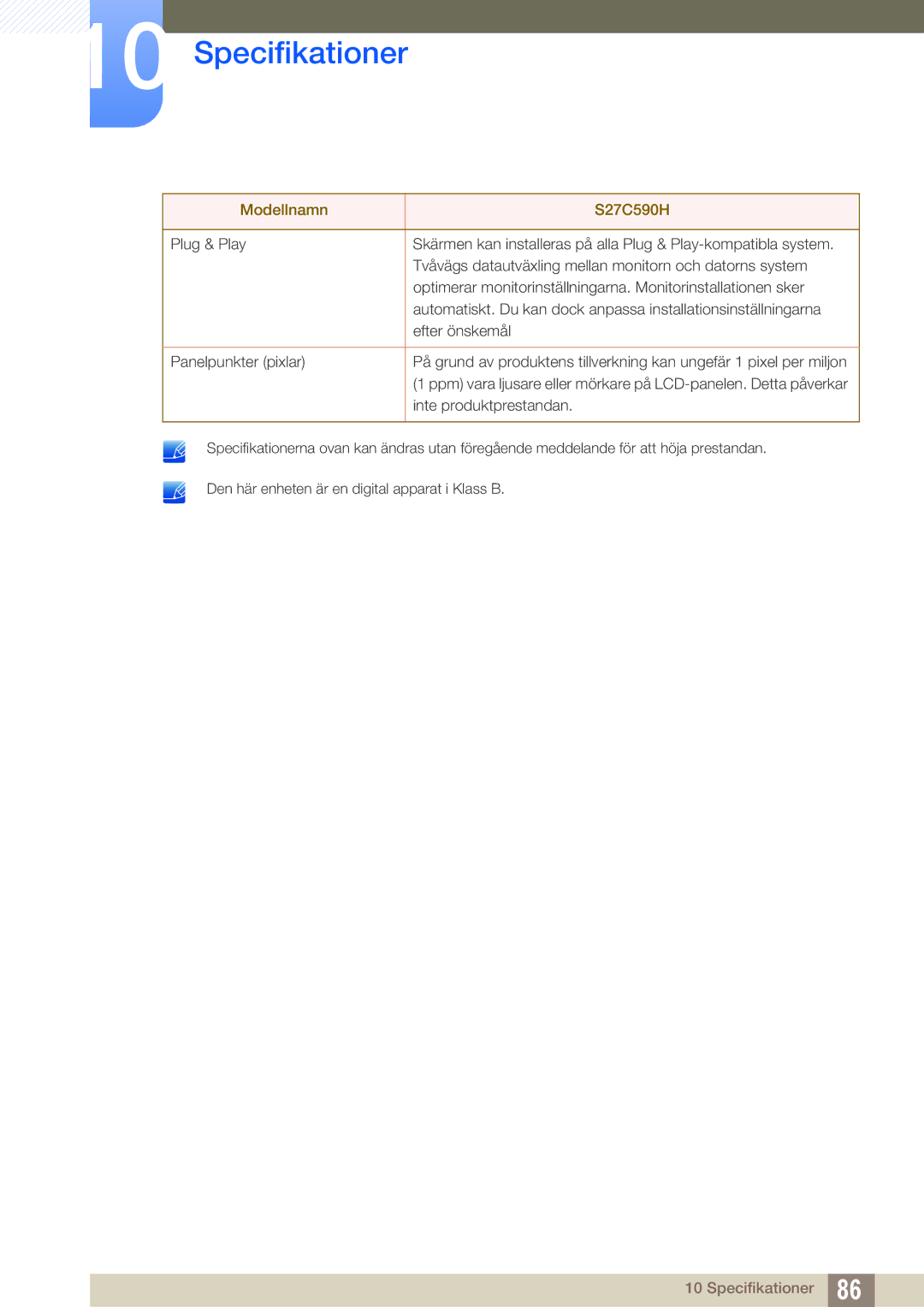 Samsung LS27C590HS/EN manual Specifikationer 