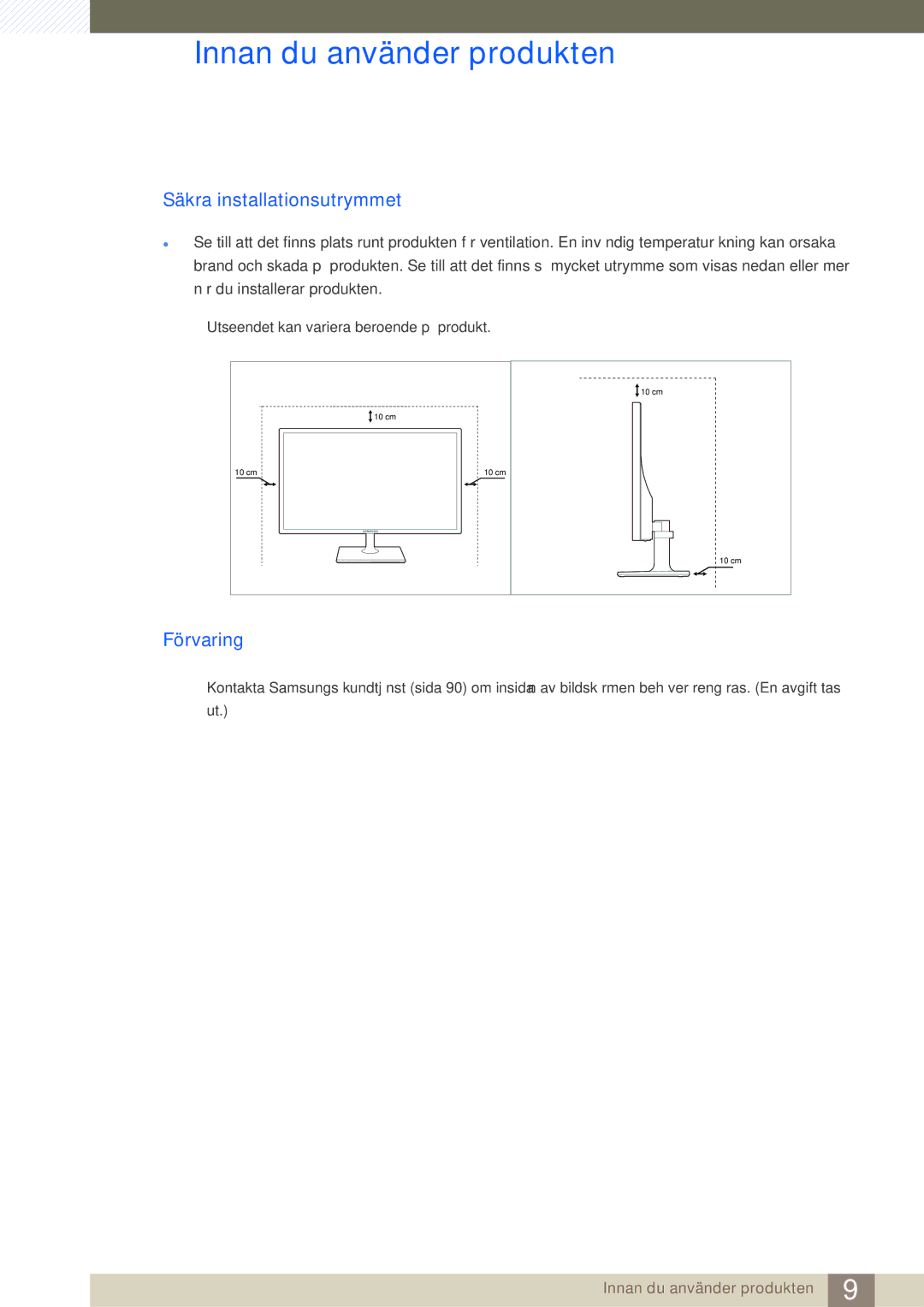 Samsung LS27C590HS/EN manual Säkra installationsutrymmet, Förvaring 