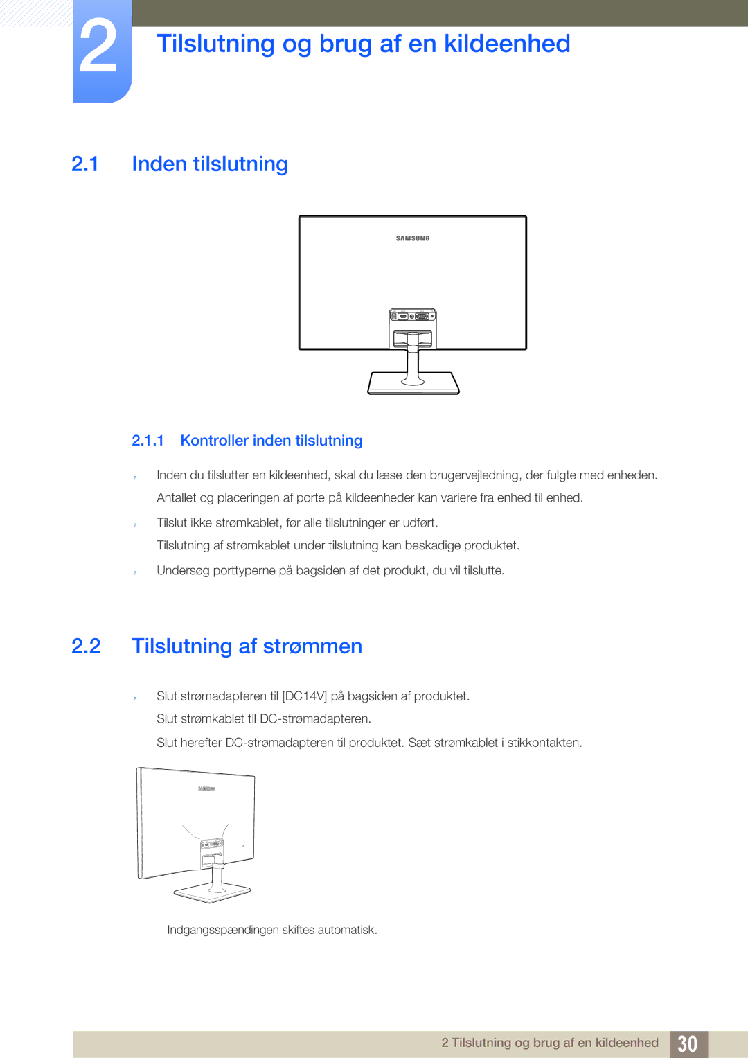 Samsung LS27C590HS/EN manual Tilslutning og brug af en kildeenhed, Inden tilslutning, Tilslutning af strømmen 