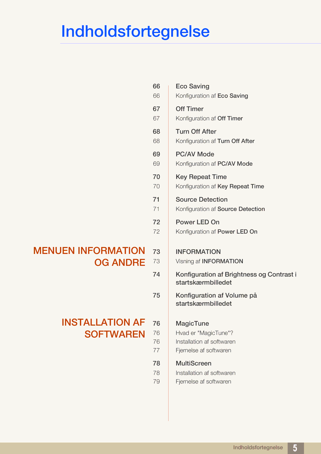 Samsung LS27C590HS/EN manual Menuen Information 73 OG Andre Installation AF 76 Softwaren 