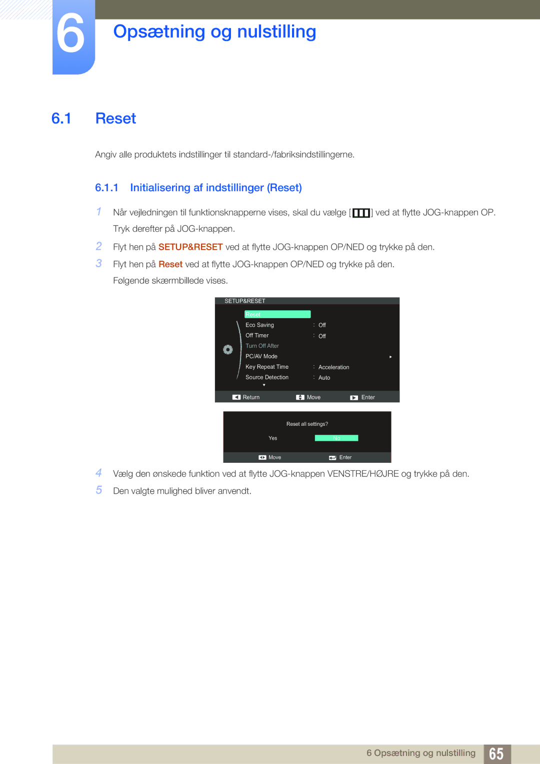 Samsung LS27C590HS/EN manual Opsætning og nulstilling, Initialisering af indstillinger Reset 