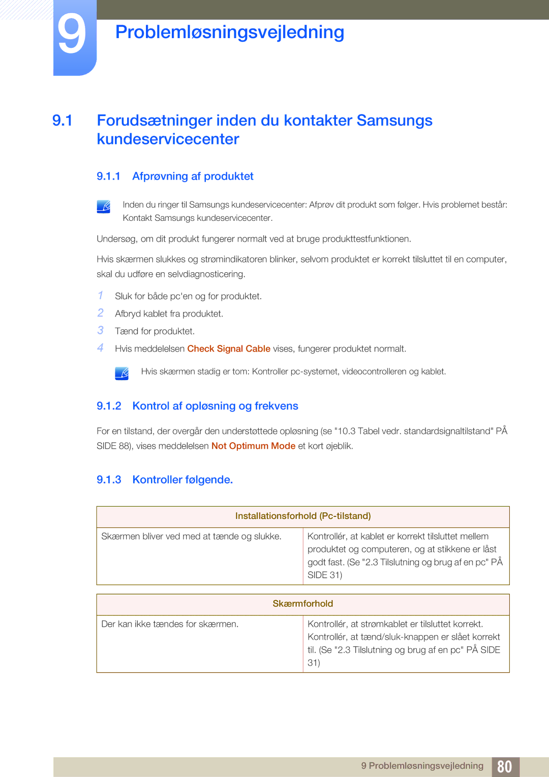 Samsung LS27C590HS/EN manual Problemløsningsvejledning, Afprøvning af produktet, Kontrol af opløsning og frekvens 