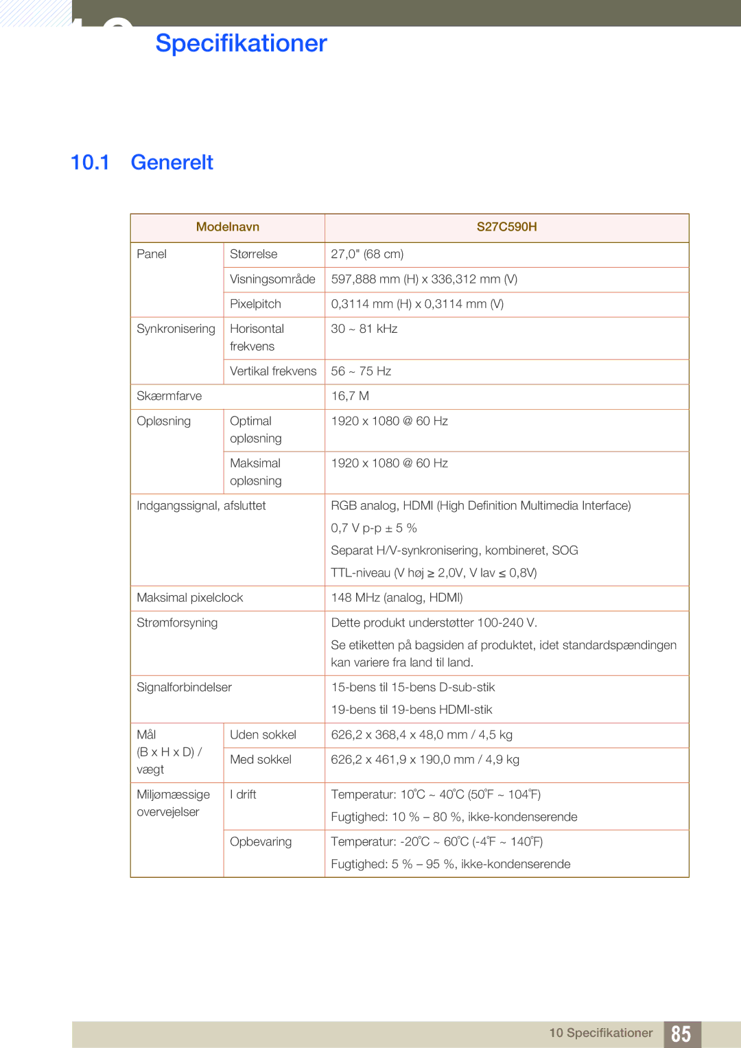 Samsung LS27C590HS/EN manual Specifikationer, Generelt 