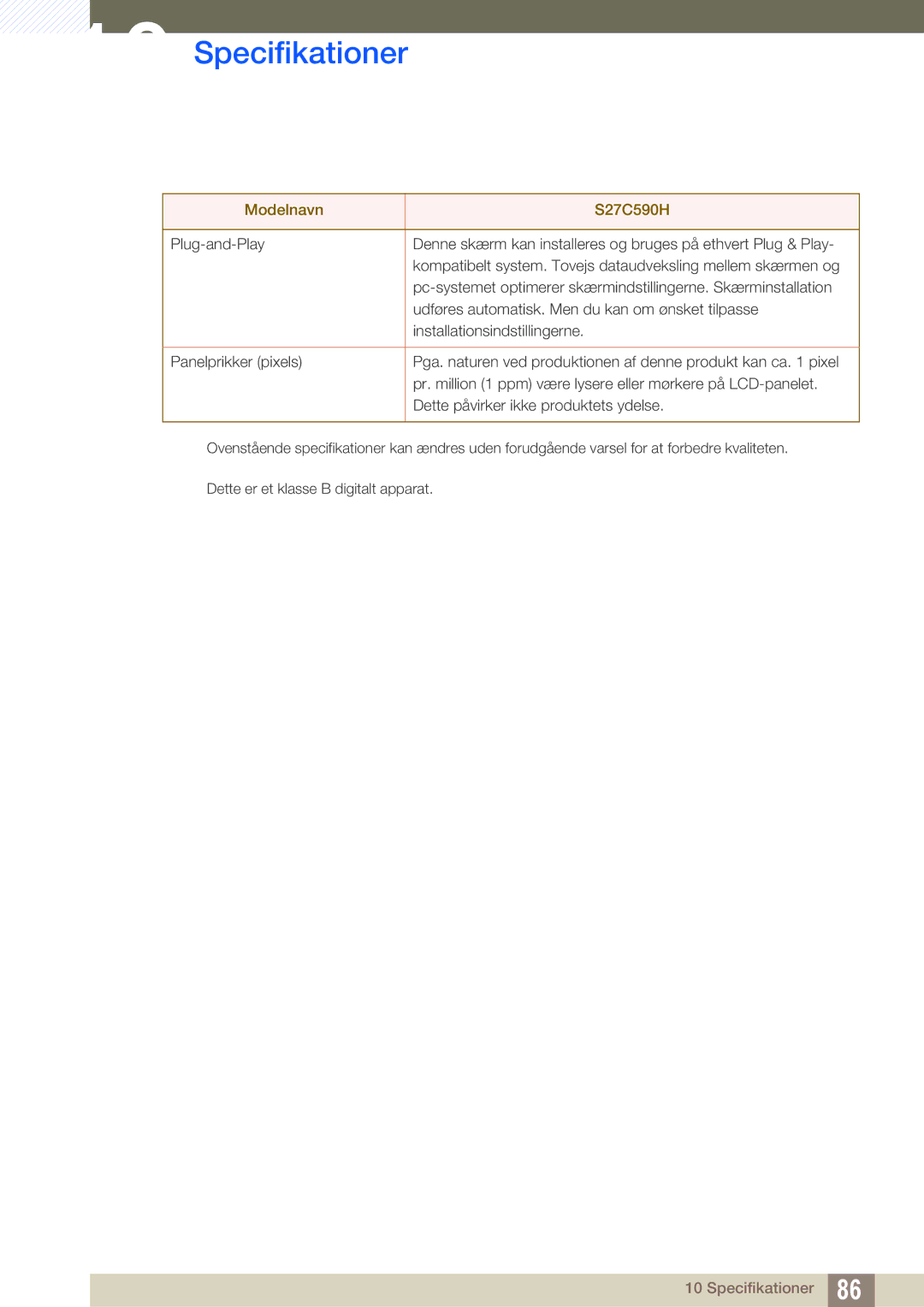 Samsung LS27C590HS/EN manual Specifikationer 