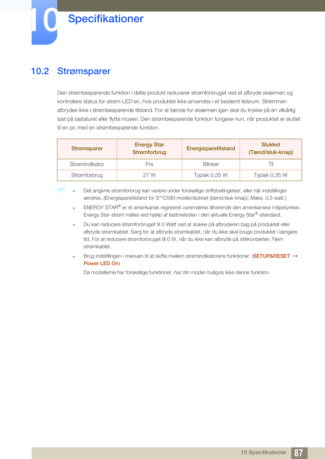 Samsung LS27C590HS/EN manual 10.2 Strømsparer, Strømforbrug 