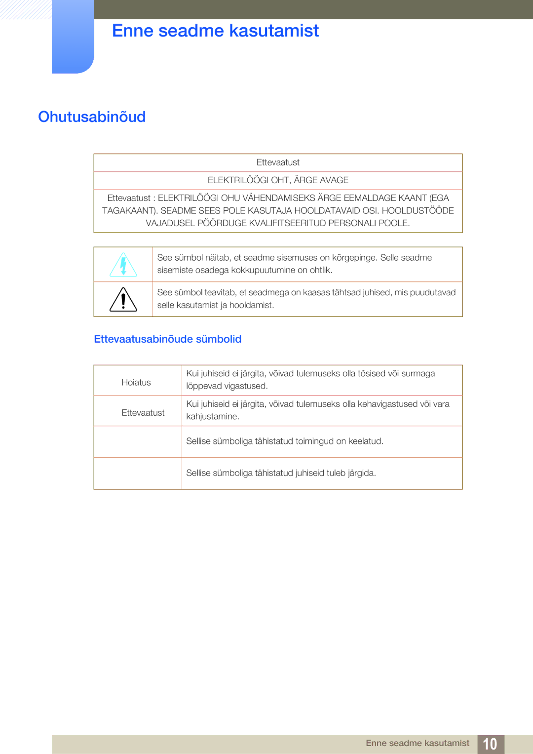 Samsung LS27C590HS/EN manual Ohutusabinõud, Ettevaatusabinõude sümbolid 